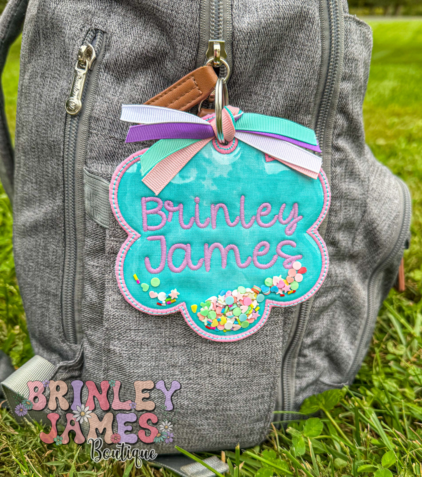 Personalized Glitter Shaker Scallop Embroidered Bag Tag
