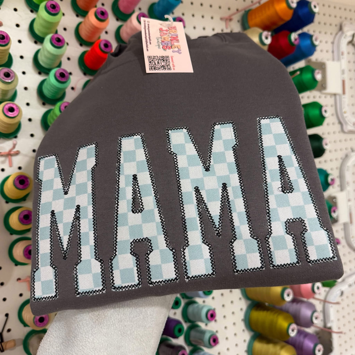 Blue & White Checkered Mama- Crewneck