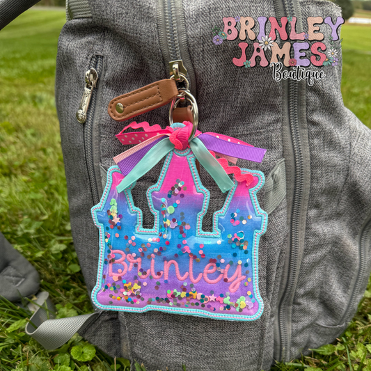Personalized Glitter Shaker Castle Embroidered Bag Tag